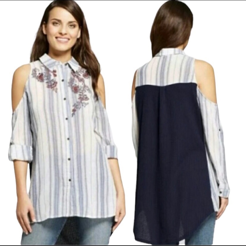 Knox Rose striped cold shoulder floral embroidered hi-low button down shirt